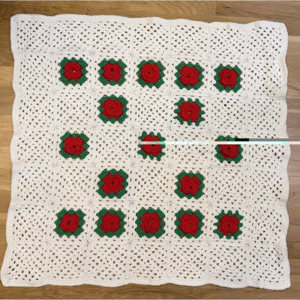 VTG Handmade Crochet Rose Afghan Blanket Raised Roses Granny Square Lap Throw